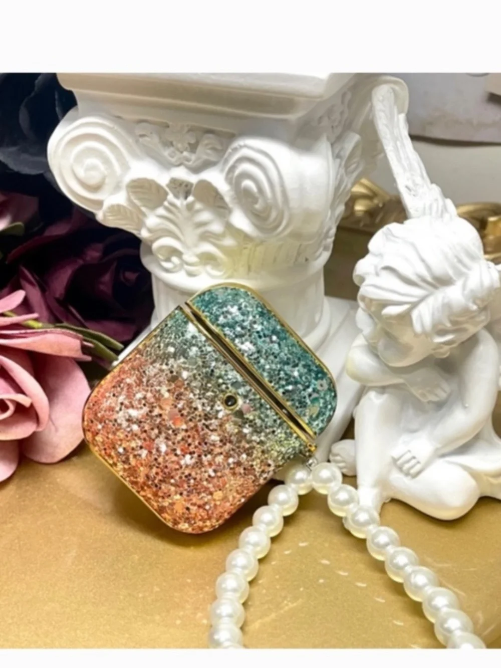 2 items.AirPods 1/2 luxury glitter gradient dazzled case with pearl chain